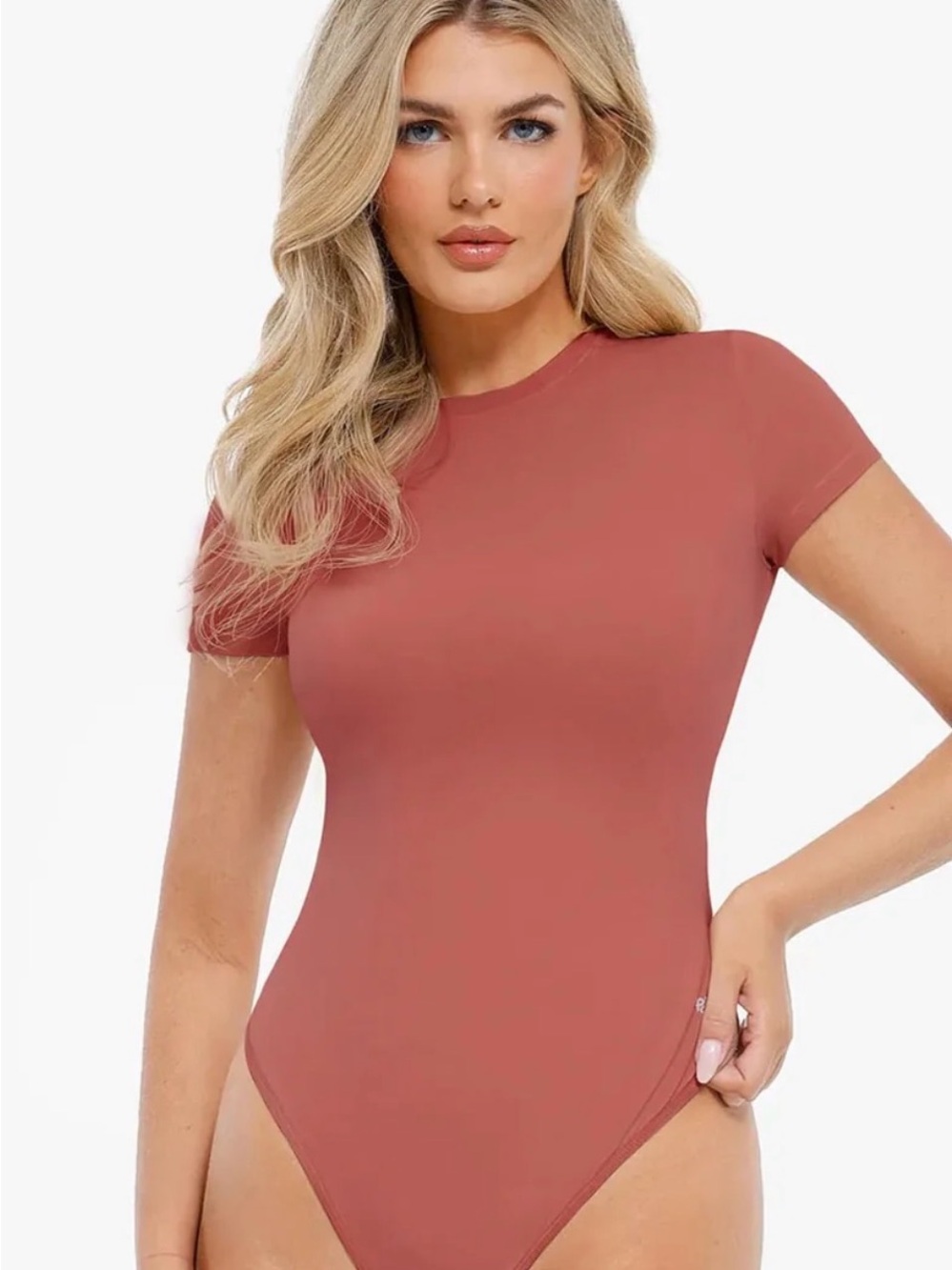 Classic Short Sleeve Crewneck Bodysuit in Brick Red